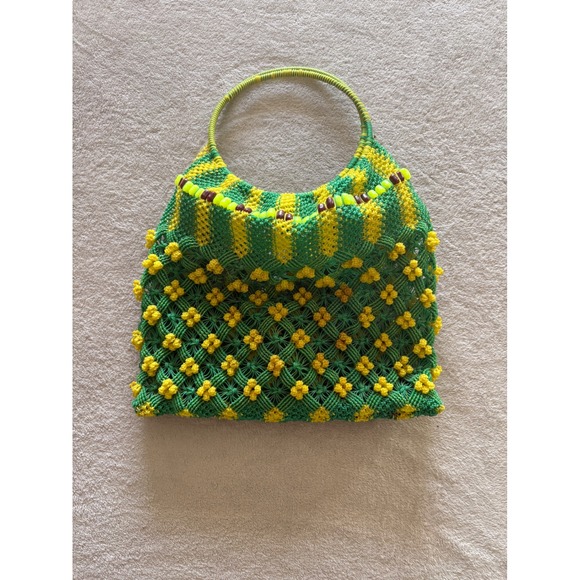 Handmade Handbags - Handmade Macrame Beaded Tote Bag Unique Design Green Yellow